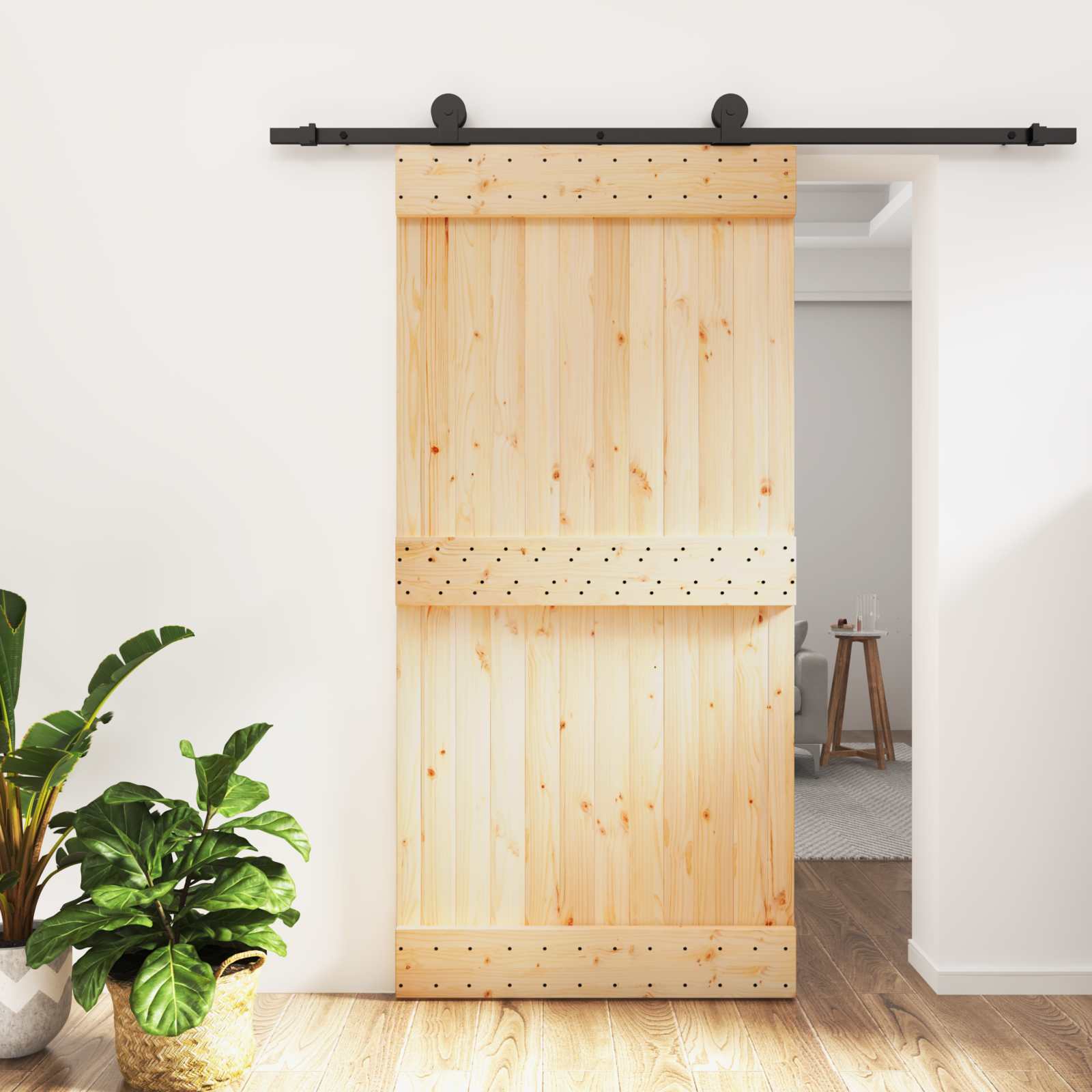 Klizna vrata Prirodna i crna 100 x 210 cm Čvrsta borovina