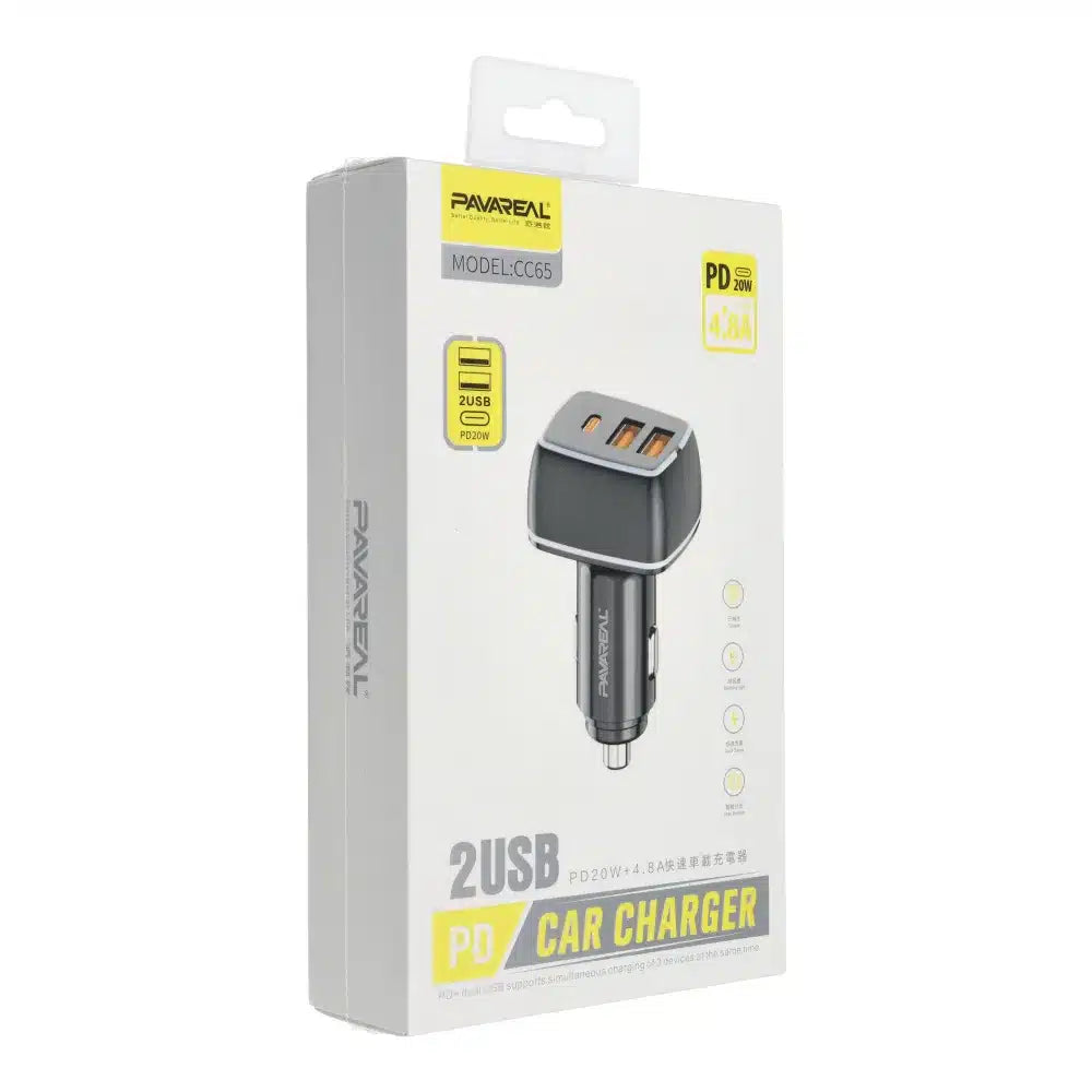 PAVAREAL auto punjač Type C PD 20W + 2x USB 4.8A PA-CC65 crni