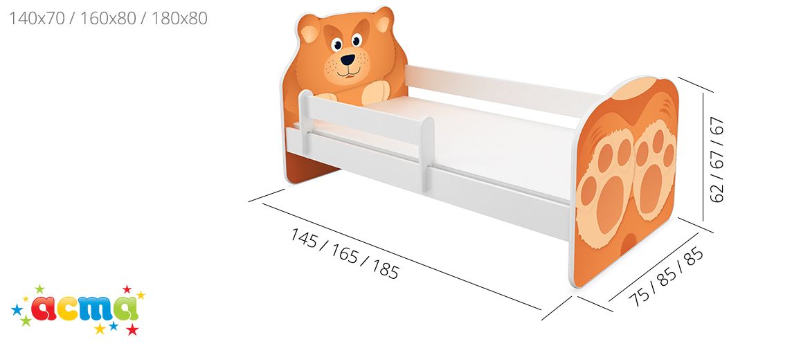Dječji krevet ACMA Animals, bočna bijela + ladica 180x80 cm