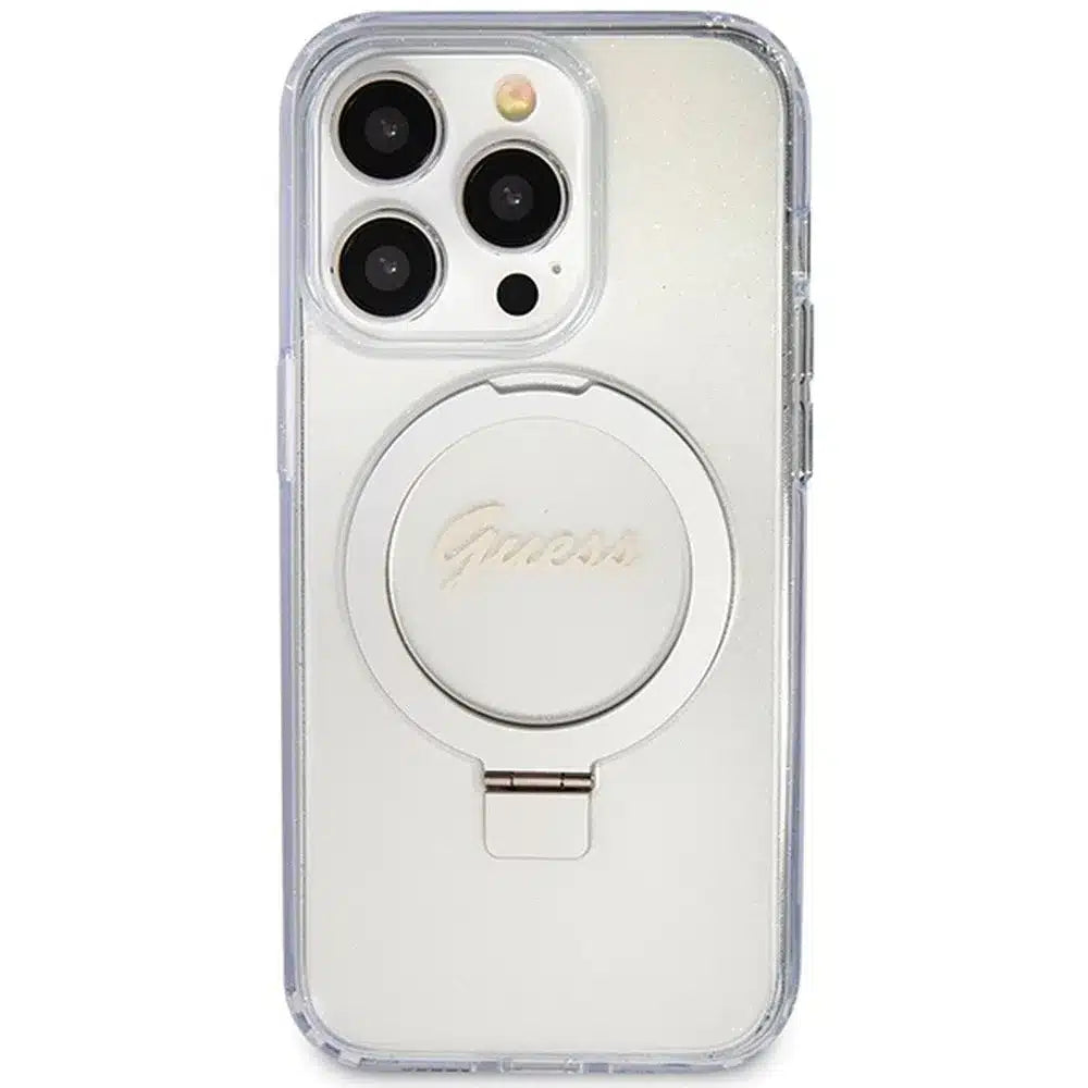 Originalna GUESS Hardcase GUHMP15XHRSGSD torbica za iPhone 15 Pro Max (Magsafe / Glitter Script Logo / stalak za prsten / prozirna)