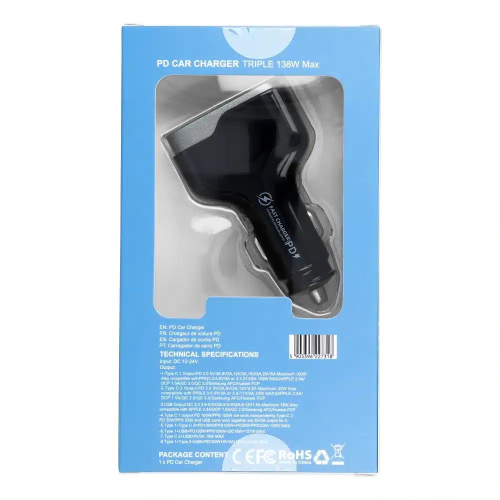 USB QC 3.0 auto punjač 18W + 2x Type C PD 100W+30W CC53-2C1A (ukupno 138W)