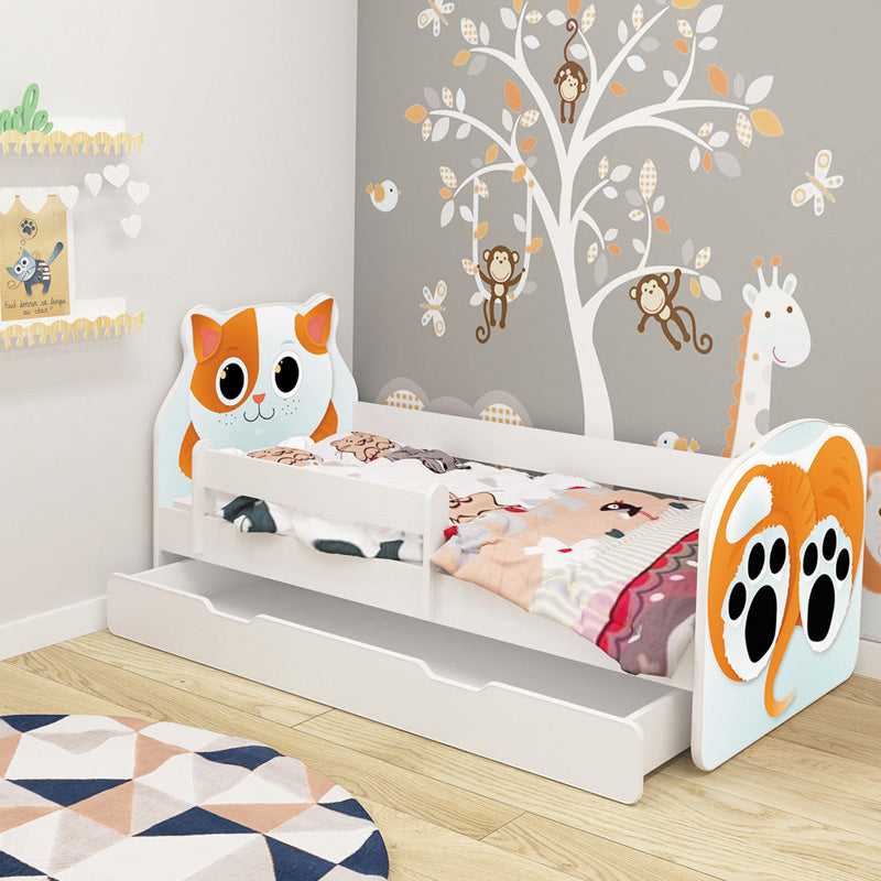 Dječji krevet ACMA Animals, bočna bijela + ladica 140x70 cm 02 Mačka