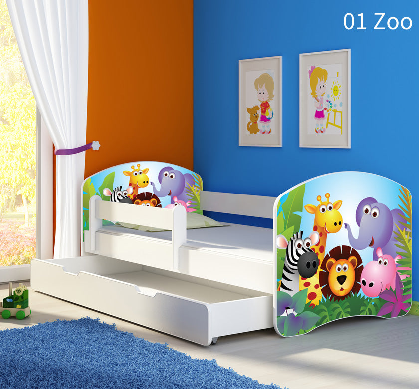 Dječji krevet ACMA s motivom, bočna bijela + ladica 160x80 cm 01 Zoo