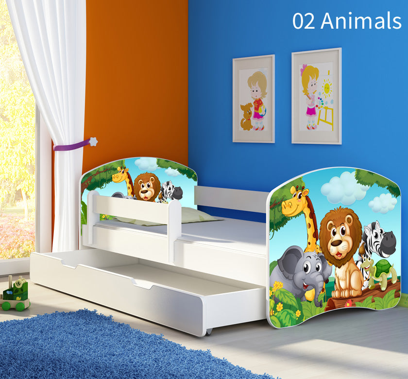 Dječji krevet ACMA s motivom, bočna bijela + ladica 160x80 cm 02 Animals