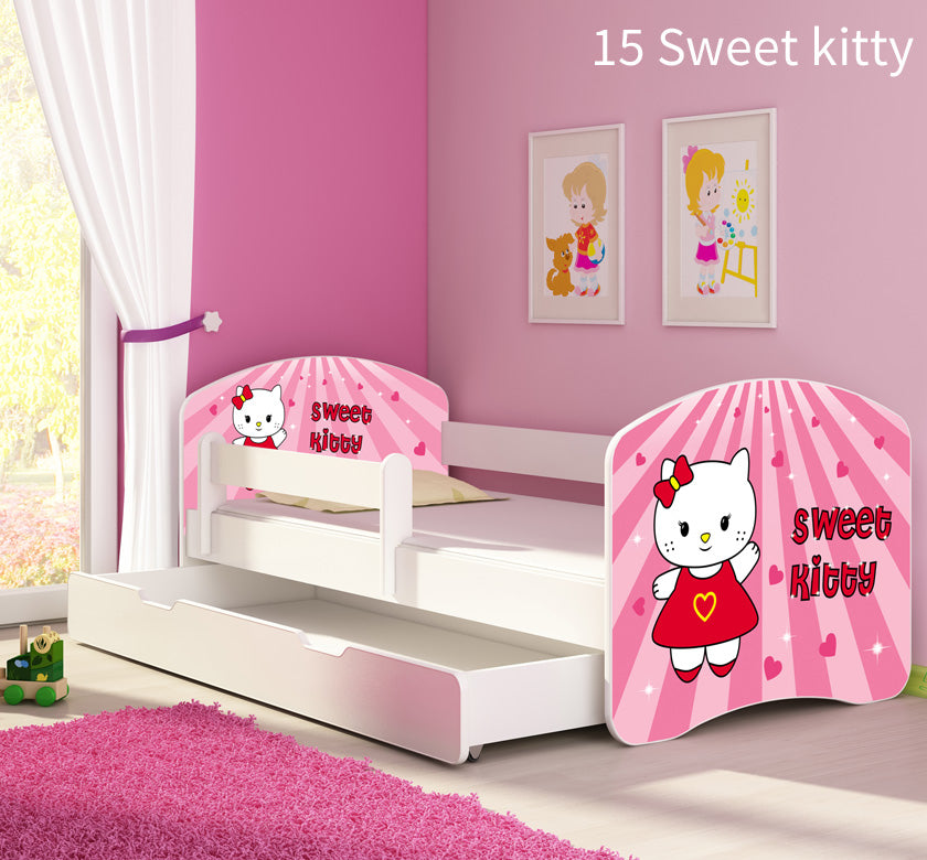 Dječji krevet ACMA s motivom, bočna bijela + ladica 160x80 cm 15 Sweet Kitty