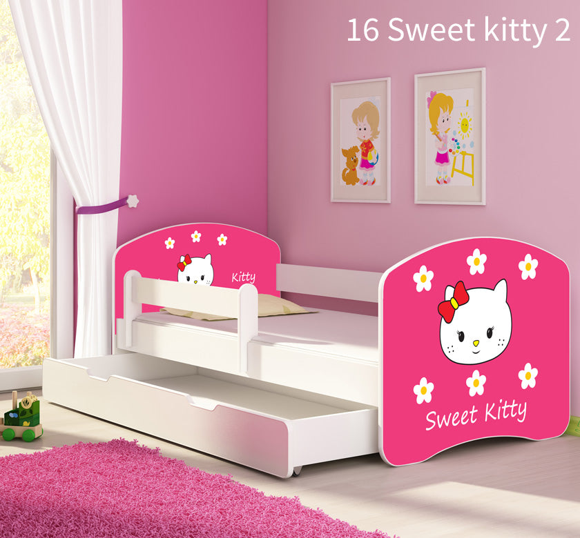 Dječji krevet ACMA s motivom, bočna bijela + ladica 140x70 cm 16 Sweet Kitty 2