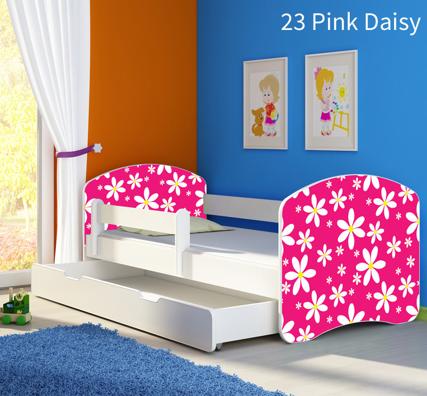 Dječji krevet ACMA s motivom, bočna bijela + ladica 160x80 cm 23 Pink Daisy