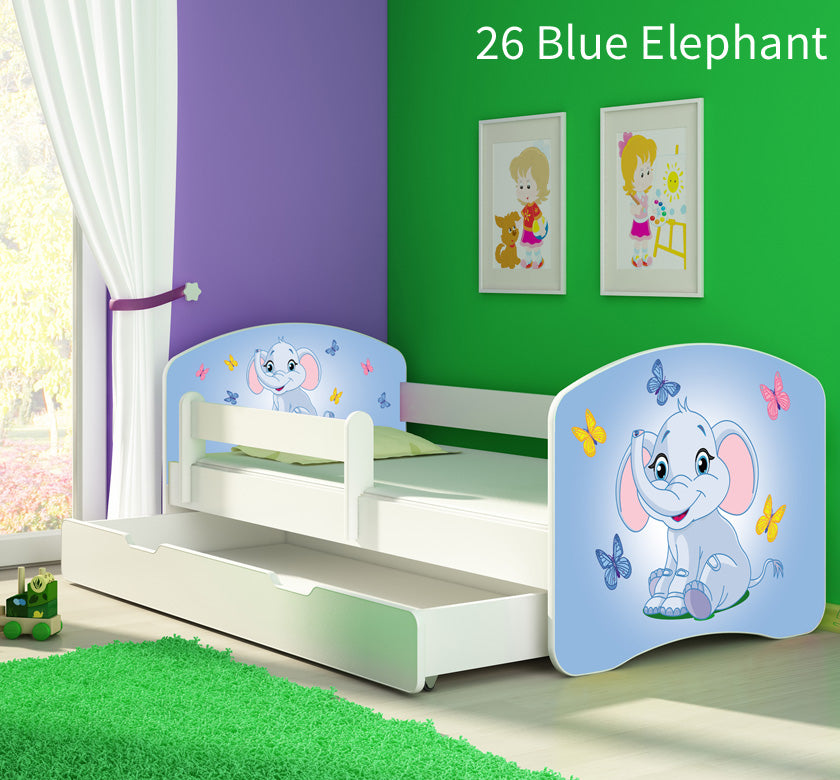 Dječji krevet ACMA s motivom, bočna bijela + ladica 140x70 cm 26 Blue Elephant