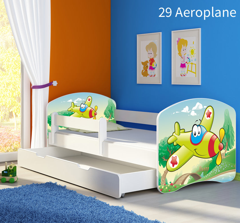 Dječji krevet ACMA s motivom, bočna bijela + ladica 140x70 cm 29 Aeroplane