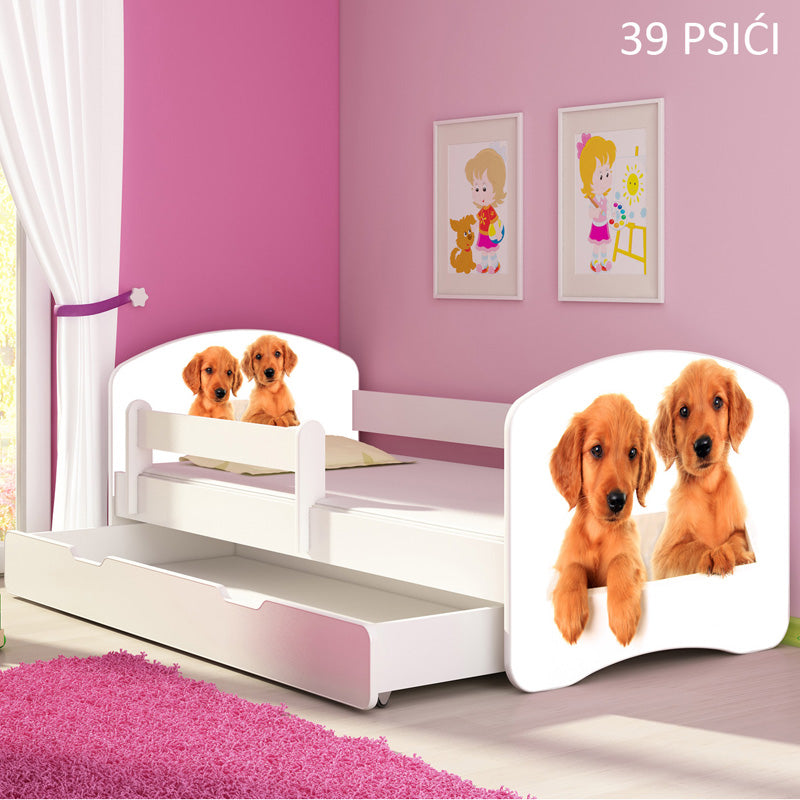 Dječji krevet ACMA s motivom, bočna bijela + ladica 180x80 cm 39 Psići