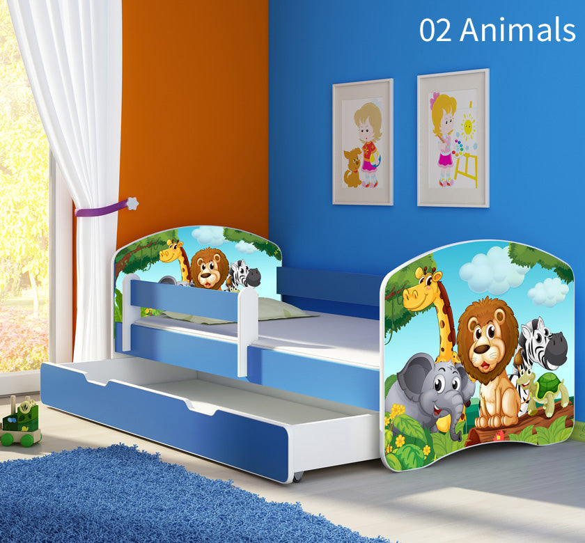 Dječji krevet ACMA s motivom, bočna plava + ladica 160x80 cm 02 Animals