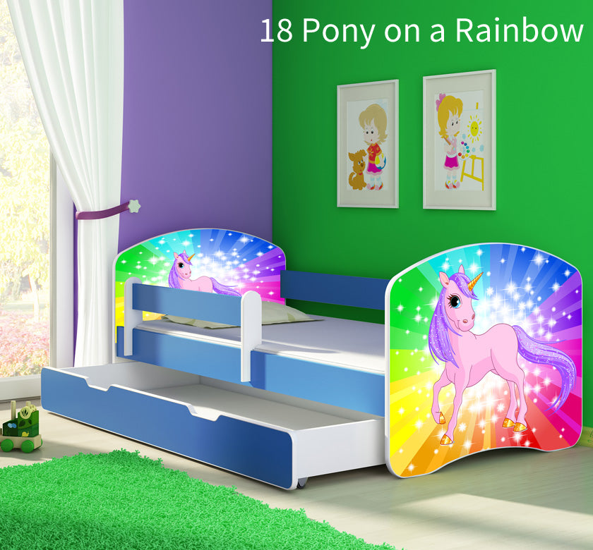 Dječji krevet ACMA s motivom, bočna plava + ladica 180x80 cm 18 Pony on a rainbow