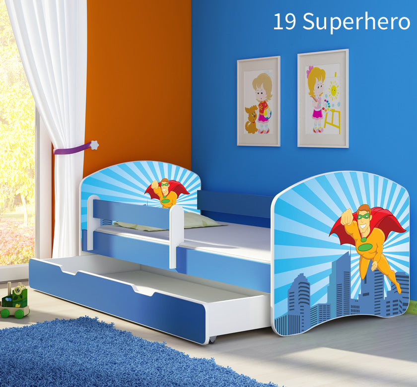 Dječji krevet ACMA s motivom, bočna plava + ladica 160x80 cm 19 Superhero