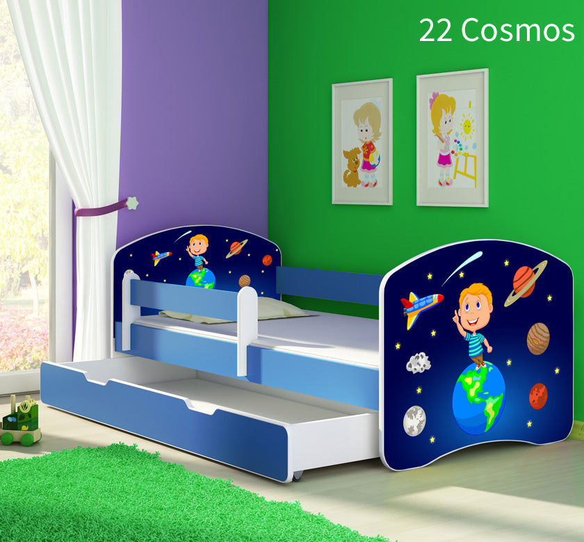 Dječji krevet ACMA s motivom, bočna plava + ladica 140x70 cm 22 Cosmos