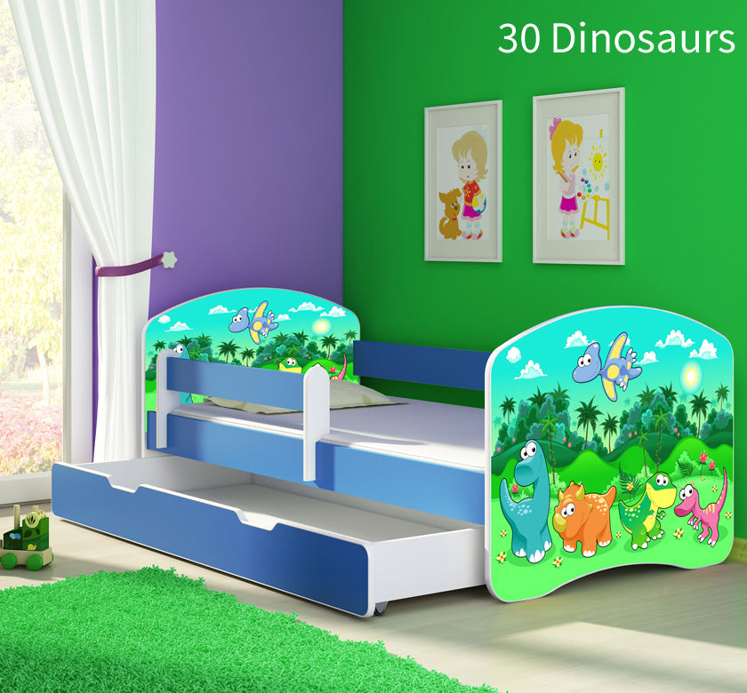 Dječji krevet ACMA s motivom, bočna plava + ladica 180x80 cm 30 Dinosaurs