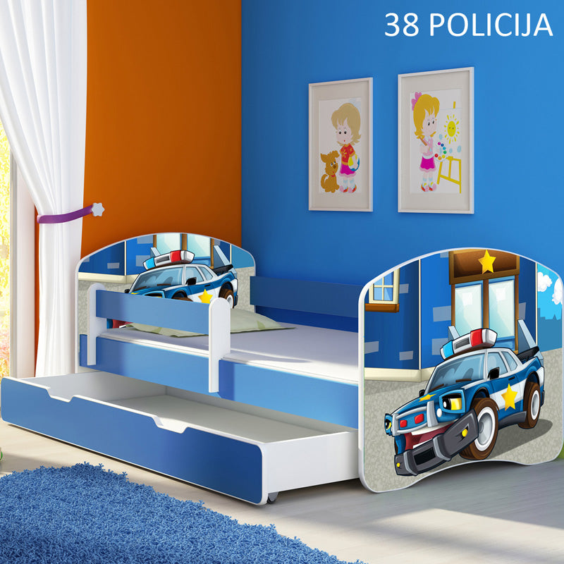 Dječji krevet ACMA s motivom, bočna plava + ladica 180x80 cm 38 Policija