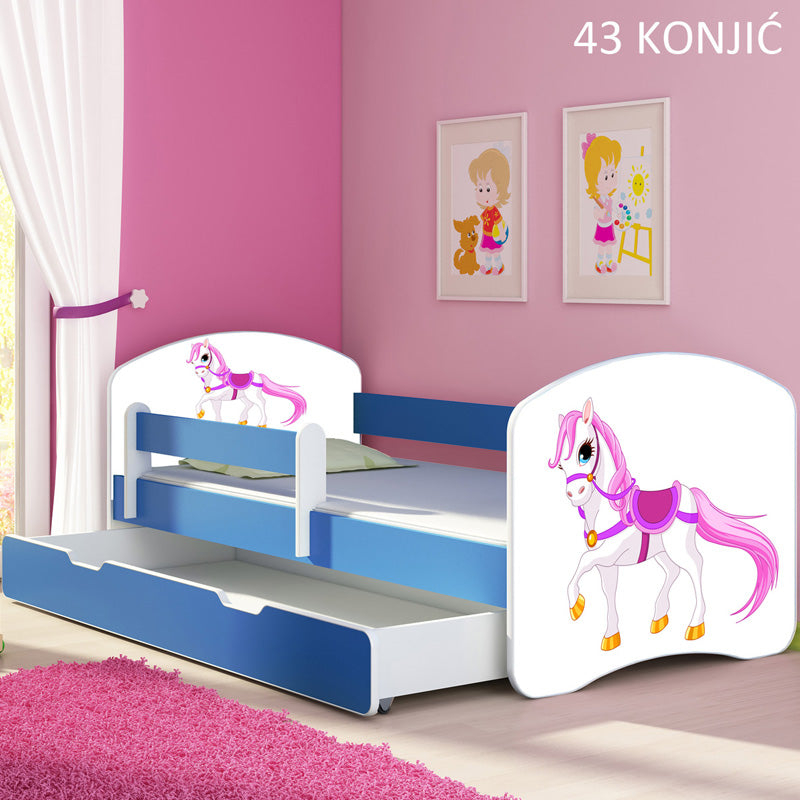 Dječji krevet ACMA s motivom, bočna plava + ladica 180x80 cm 43 Konjić