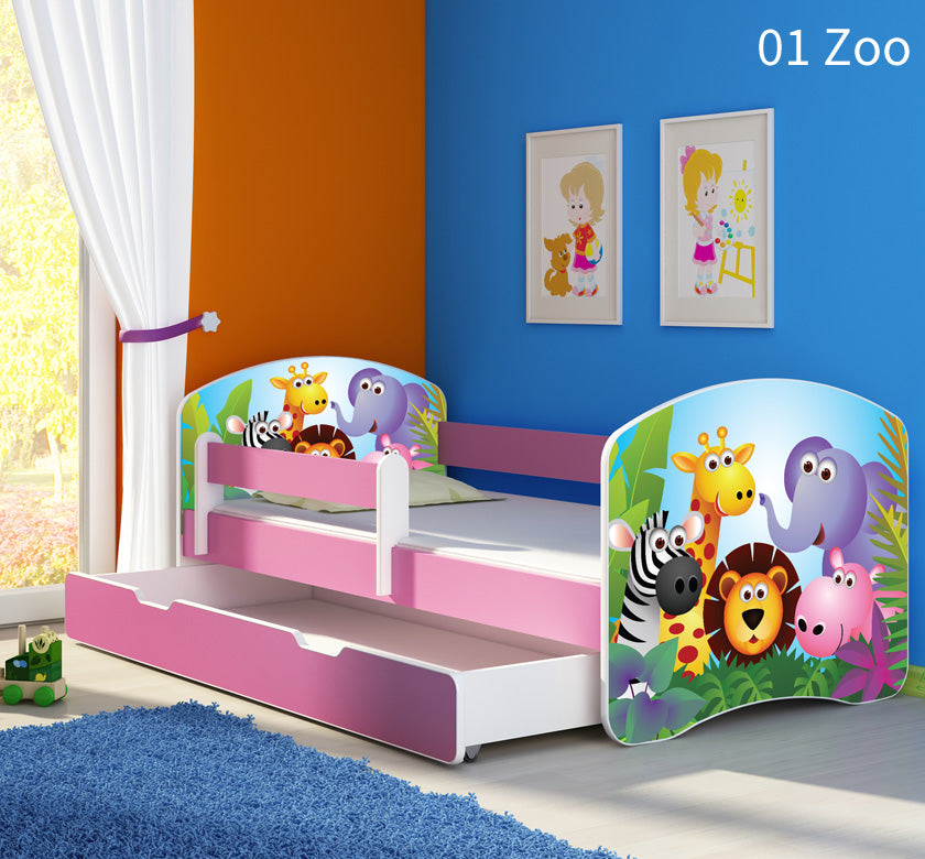 Dječji krevet ACMA s motivom, bočna roza + ladica 180x80 cm 01 Zoo