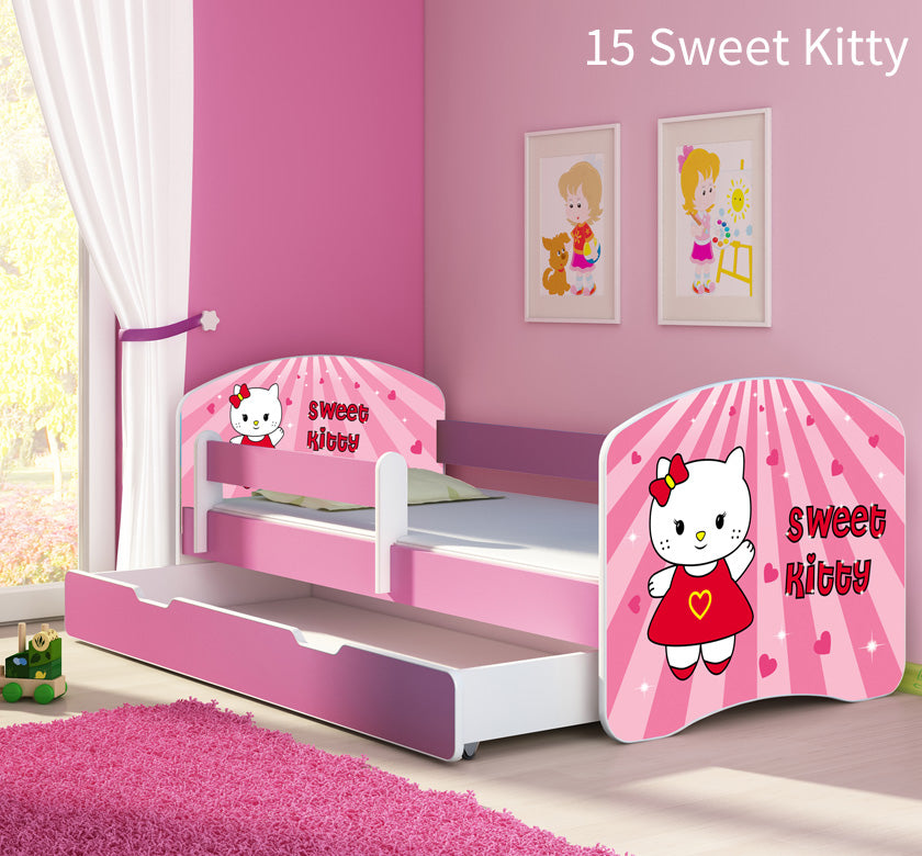Dječji krevet ACMA s motivom, bočna roza + ladica 180x80 cm 15 Sweet Kitty