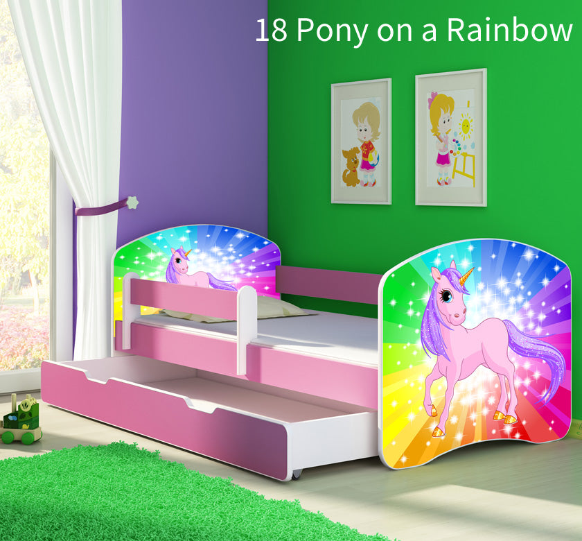 Dječji krevet ACMA s motivom, bočna roza + ladica 180x80 cm 18 Pony on a rainbow
