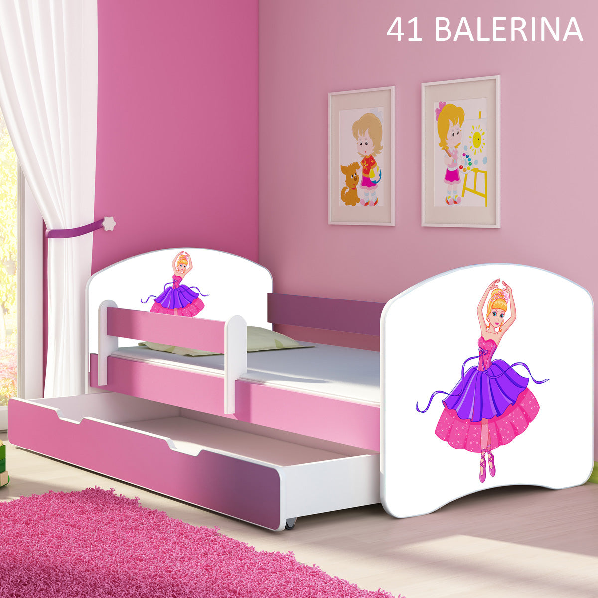 Dječji krevet ACMA s motivom, bočna roza + ladica 160x80 cm 41 Balerina