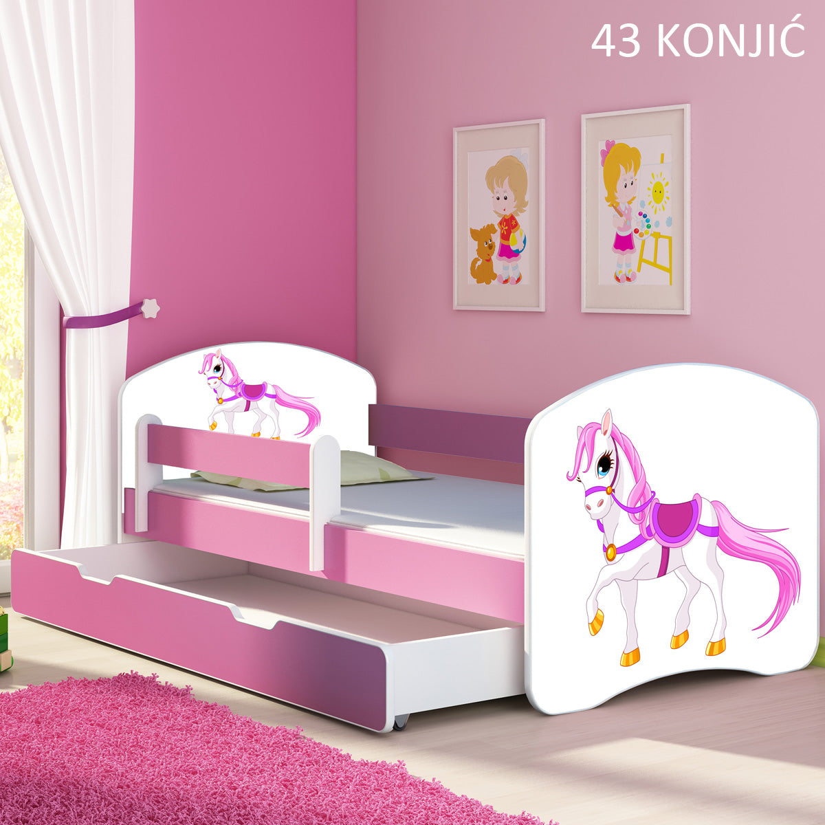 Dječji krevet ACMA s motivom, bočna roza + ladica 180x80 cm 43 Konjić
