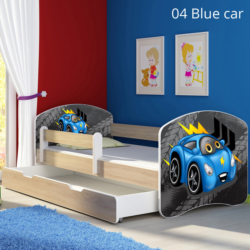 Dječji krevet ACMA s motivom, bočna sonoma + ladica 140x70 cm 04 Blue Car
