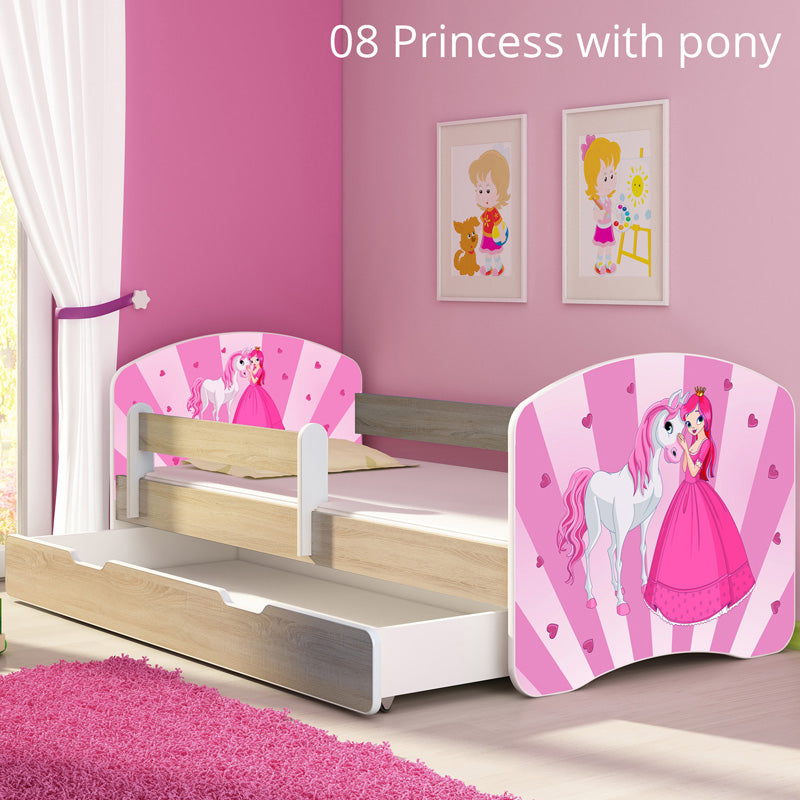 Dječji krevet ACMA s motivom, bočna sonoma + ladica 180x80 cm 08 Princess with Pony