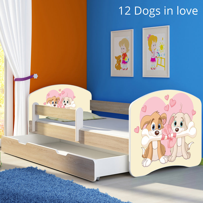 Dječji krevet ACMA s motivom, bočna sonoma + ladica 140x70 cm 12 Dogs in Love