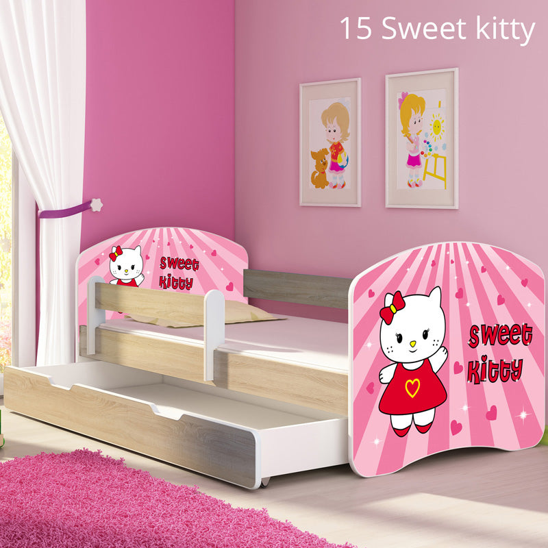 Dječji krevet ACMA s motivom, bočna sonoma + ladica 180x80 cm 15 Sweet Kitty