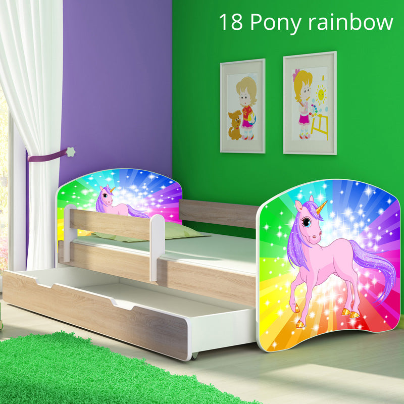 Dječji krevet ACMA s motivom, bočna sonoma + ladica 180x80 cm 18 Pony on a rainbow