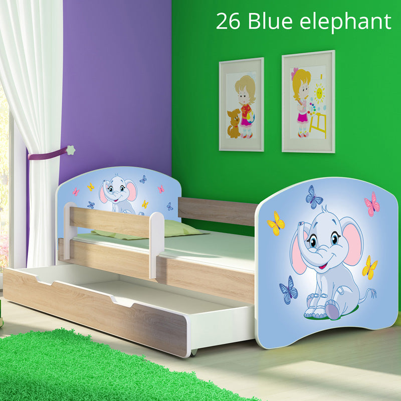 Dječji krevet ACMA s motivom, bočna sonoma + ladica 160x80 cm 26 Blue Elephant