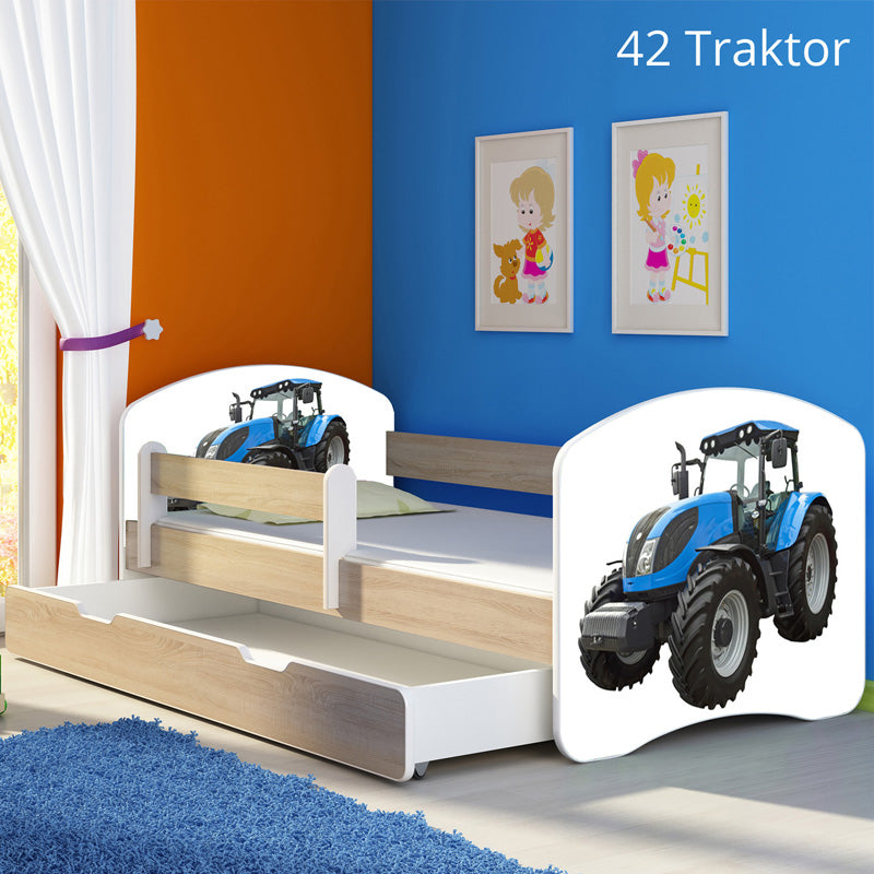 Dječji krevet ACMA s motivom, bočna sonoma + ladica 140x70 cm 42 Traktor