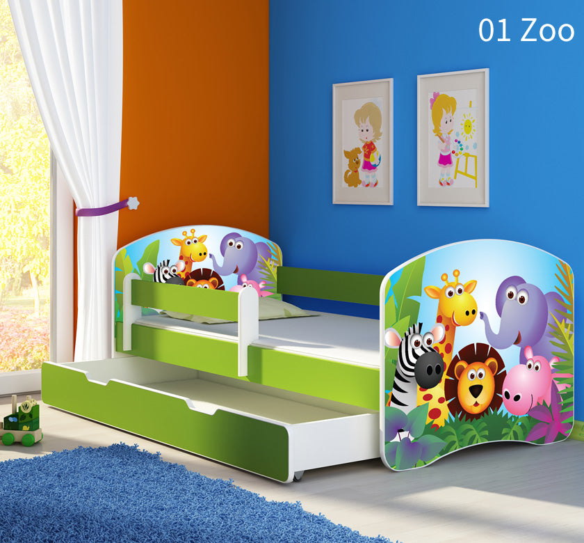 Dječji krevet ACMA s motivom, bočna zelena + ladica 180x80 cm 01 Zoo