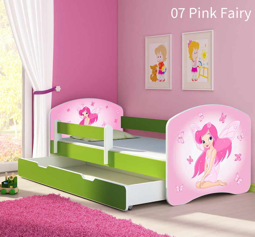 Dječji krevet ACMA s motivom, bočna zelena + ladica 180x80 cm 07 Pink Fairy