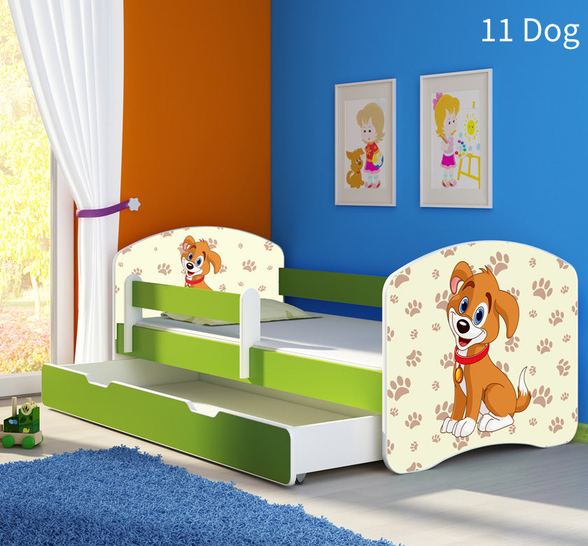 Dječji krevet ACMA s motivom, bočna zelena + ladica 140x70 cm 11 Dog