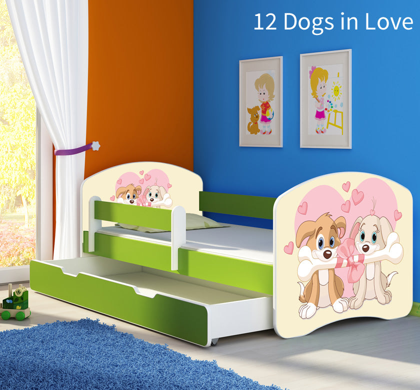 Dječji krevet ACMA s motivom, bočna zelena + ladica 160x80 cm 12 Dogs in Love