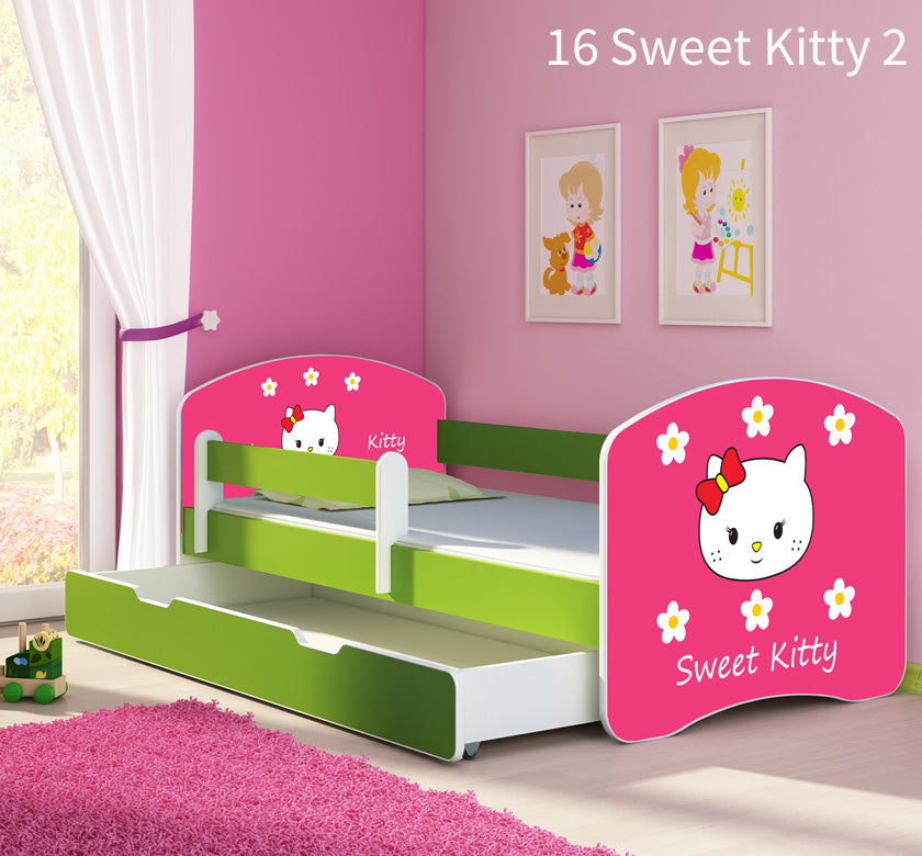 Dječji krevet ACMA s motivom, bočna zelena + ladica 180x80 cm 16 Sweet Kitty 2