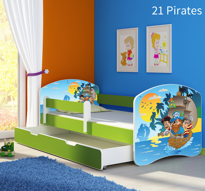 Dječji krevet ACMA s motivom, bočna zelena + ladica 180x80 cm 21 Pirates