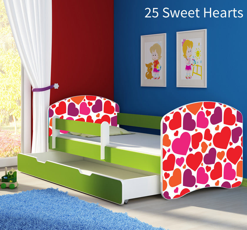 Dječji krevet ACMA s motivom, bočna zelena + ladica 180x80 cm 25 Sweet hearts
