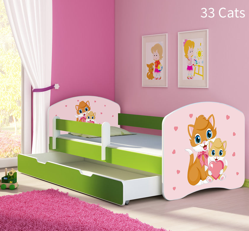 Dječji krevet ACMA s motivom, bočna zelena + ladica 180x80 cm 33 Cats