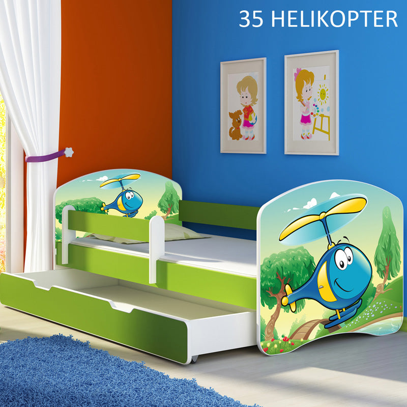 Dječji krevet ACMA s motivom, bočna zelena + ladica 180x80 cm 35 Helikopter
