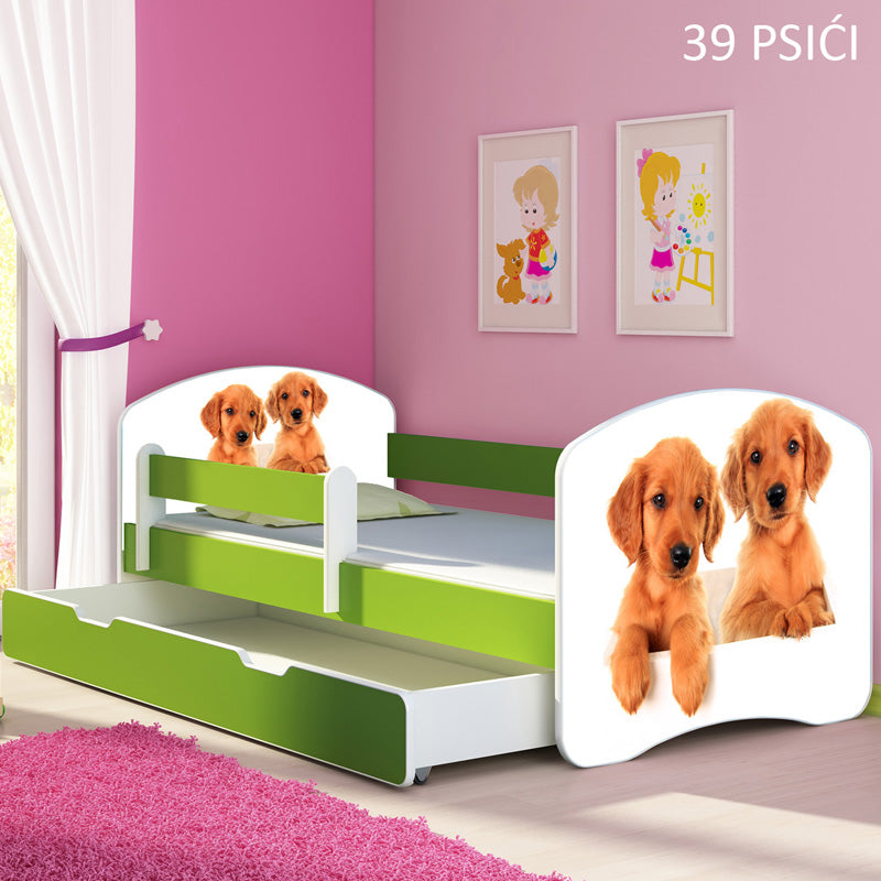 Dječji krevet ACMA s motivom, bočna zelena + ladica 140x70 cm 39 Psići