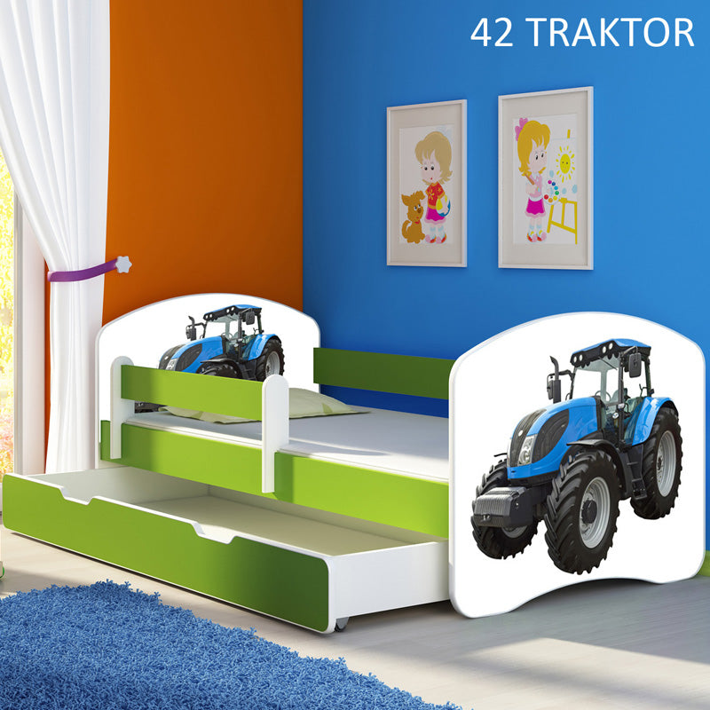 Dječji krevet ACMA s motivom, bočna zelena + ladica 160x80 cm 42 Traktor