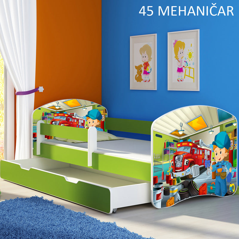 Dječji krevet ACMA s motivom, bočna zelena + ladica 180x80 cm 45 Mehaničar