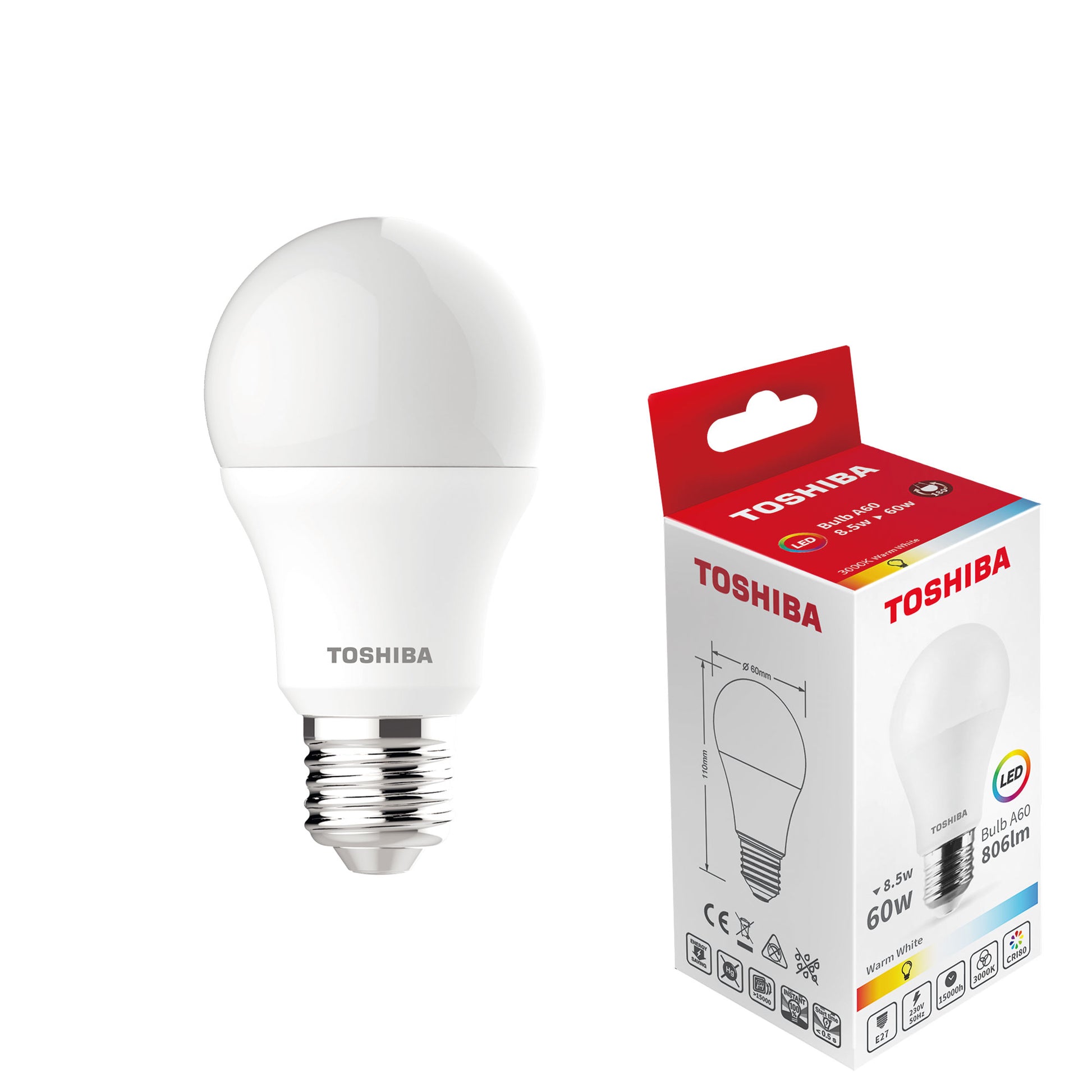 LED E-27  8.5W A60 3000K TOSHIBA