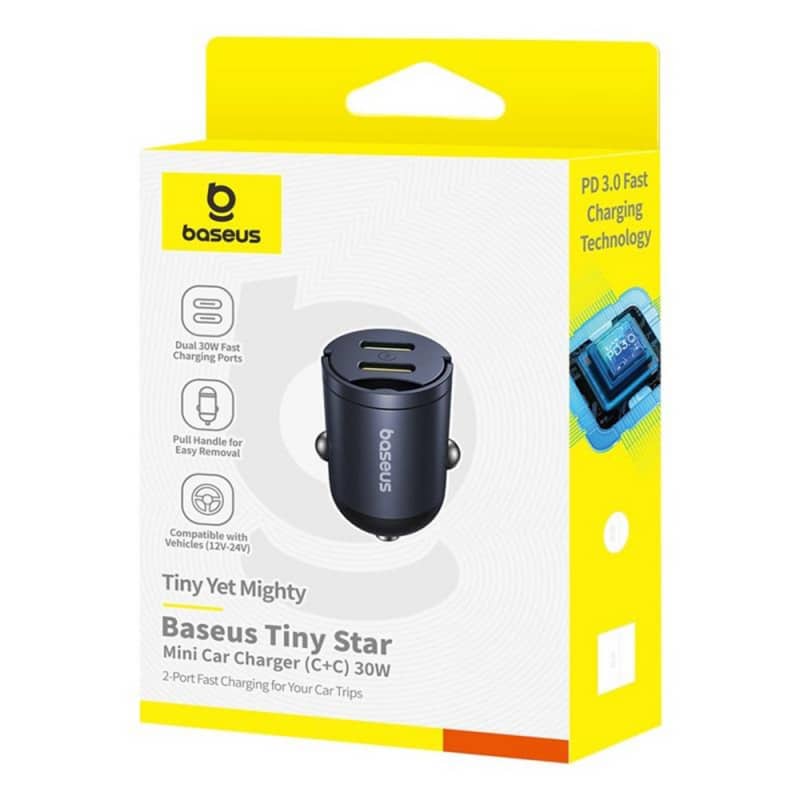 Auto punjač Baseus Tiny Star 30W 3A 2 x USB-C crni