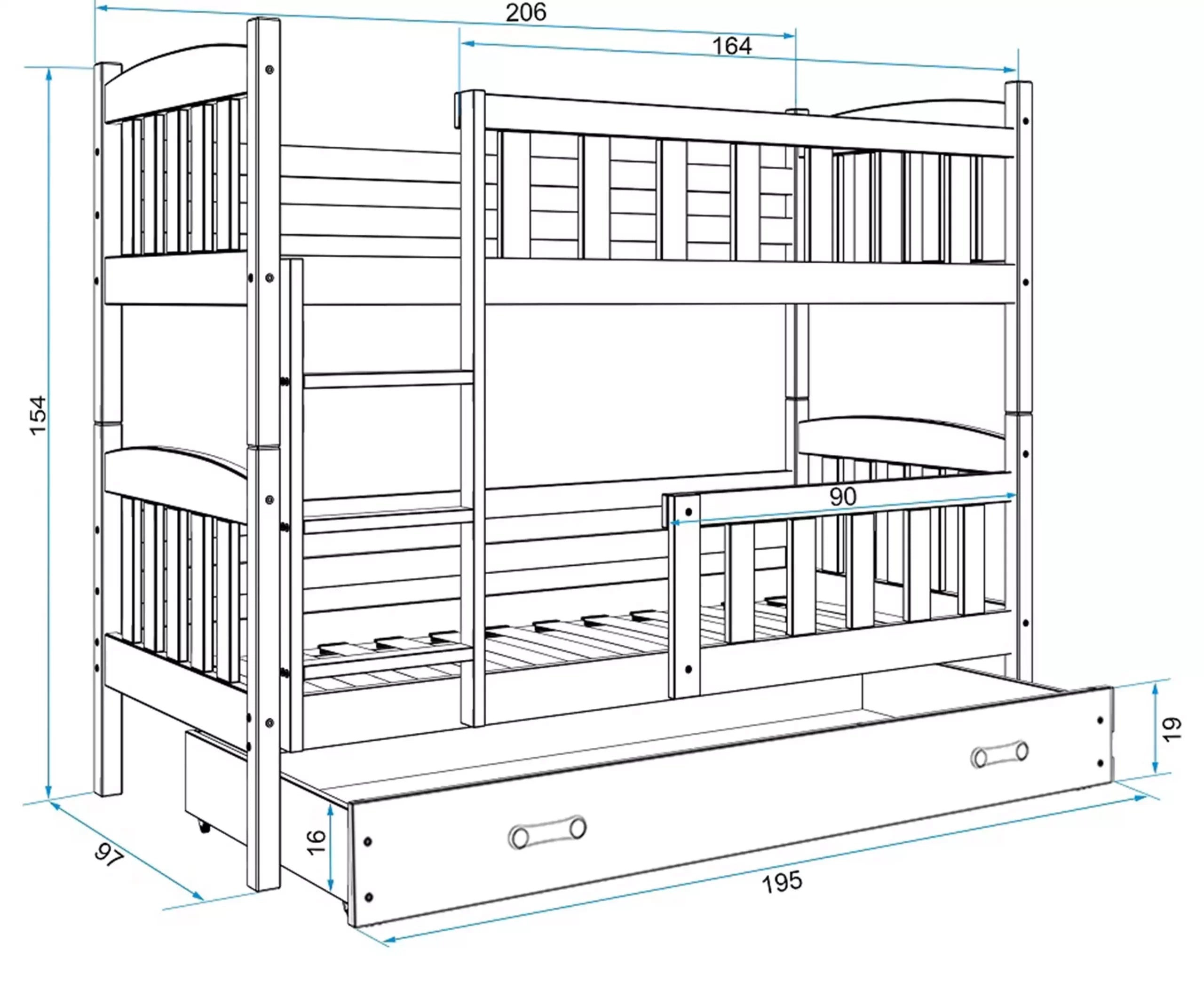 Krevet BMS Kubus na kat + ladica 200x90 cm, PINE grafit