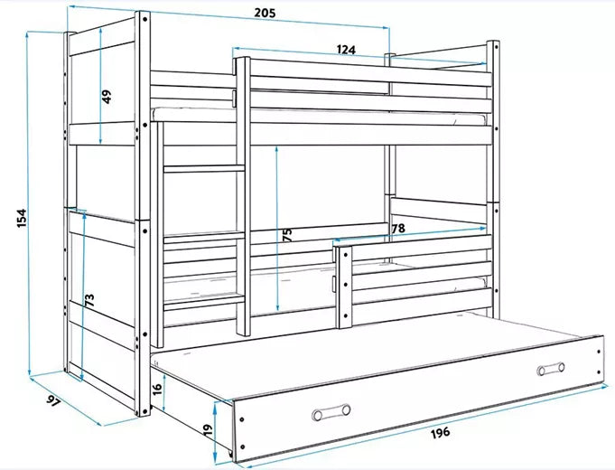 Krevet BMS Rico na kat za 3 osobe 200x90 cm, PINE zelena