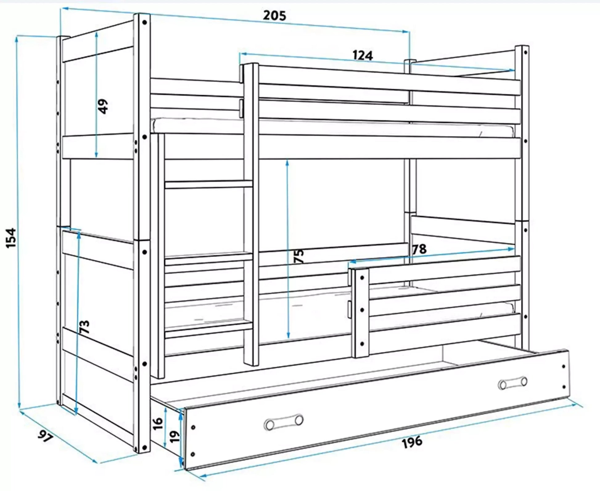 Krevet BMS Rico na kat + ladica 200x90 cm, PINE